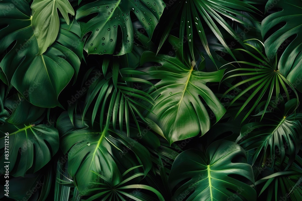 Lush green monstera leaves creating a dense, tropical foliage background perfect for nature and botanical-themed designs. Lush green monstera leaves creating a dense, tropical foliage background perfect for nature and botanical-themed designs.