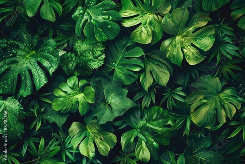Lush greenery showcasing diverse tropical plants with glistening water droplets, creating a vibrant and refreshing natural scene.