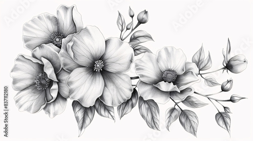 Detailed sketch of hawk moths and wild flowers for tattoo designs