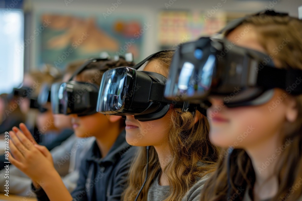 Students wearing VR headsets in a bright classroom, exploring a virtual historical site Students wearing VR headsets in a bright classroom, exploring a virtual historical site