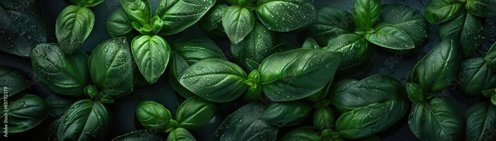 Fototapeta premium A top view of fresh green basil leaves with dark, rich textures, perfect for culinary and nature-themed designs and backgrounds.