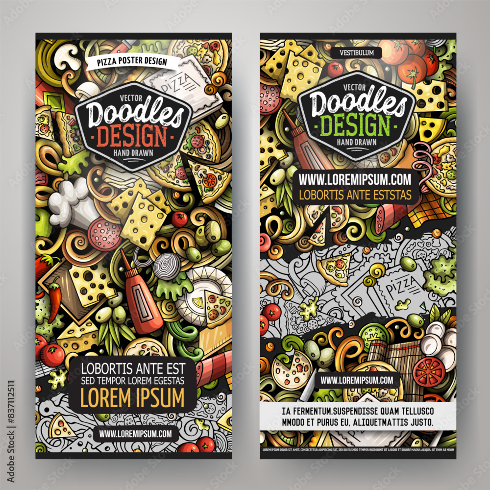 Cartoon vector doodle set of Pizza banners templates. Corporate identity for the use on invitations, cards, apps, branding, flyers, greeting cards, postcards, web design. Funny colorful illustration.