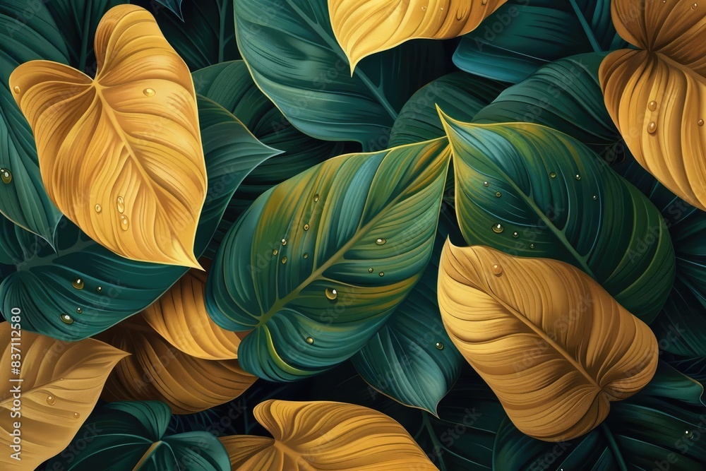A vibrant, close-up shot of green and yellow leaves with a smooth texture and water droplets, showcasing nature's intricate beauty. A vibrant, close-up shot of green and yellow leaves with a smooth texture and water droplets, showcasing nature's intricate beauty.