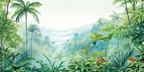 Rainforest  ecology  nature  bio-diversity background. Water color drawing of tropical rain forest