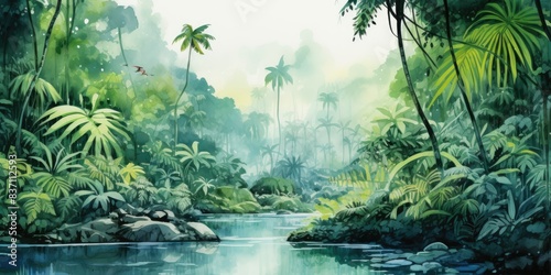 Rainforest  ecology  nature  bio-diversity background. Water color drawing of tropical rain forest