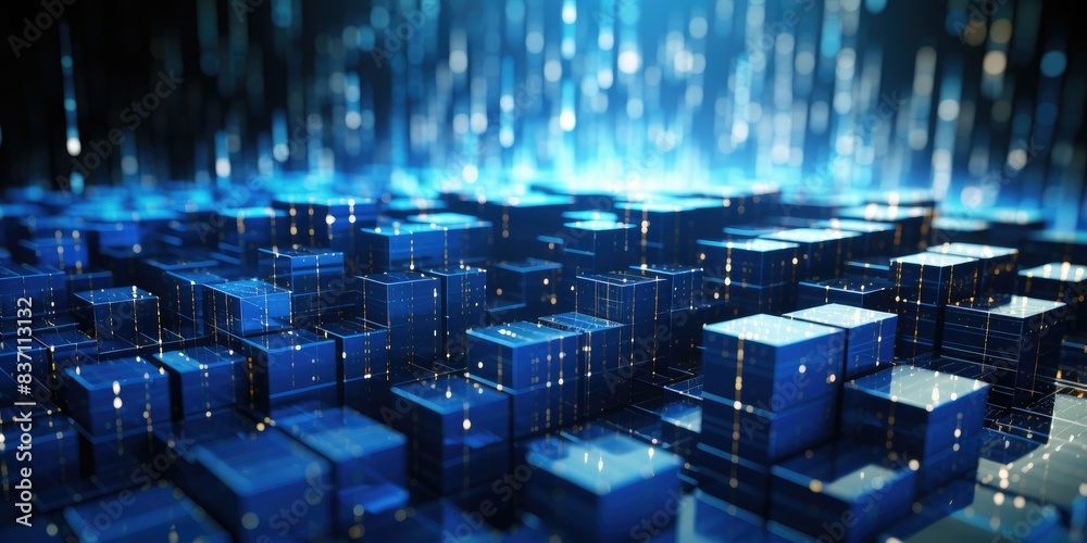Obraz premium Rising momentum of data intelligence. Big data and Ai core data concept image. Dark and light metallic blue block stacked and rising, on white background