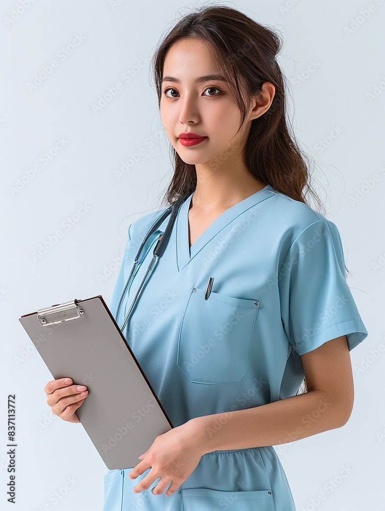 Professional Young Female Nurse with Clipboard in Medical Scrubs Professional Young Female Nurse with Clipboard in Medical Scrubs