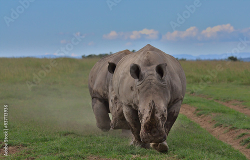 two southern white rhinos sparring and play fighting in the wild savannah of solio conservancy, kenya