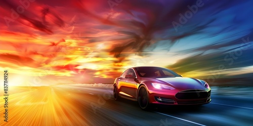 Electric car driving on desert highway from sunset to night under sky. Concept Scenic Drive, Electric Car, Sunset to Night, Desert Highway, Night Sky