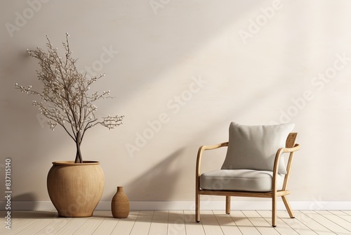 Wicker Chair and Vase in Minimalist Living Room, Sunlight on White Wall Background © DailyStock