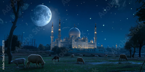 Serene Eid Adha Scene: Goats in Mosque Yards with a Stunning Night Sky, Offering Copy Space for Festive Messages