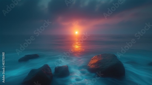 Tranquil Seascape at Dawn - A serene seascape at dawn with large rocks in the calm water, under a dramatic, cloudy sky.