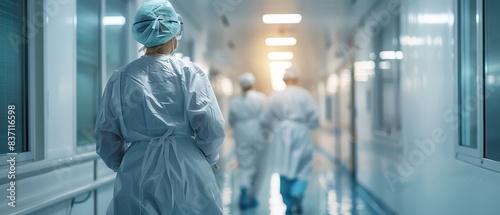 Medical professionals in scrubs walking through a hospital corridor, highlighting healthcare teamwork and the clinical environment.