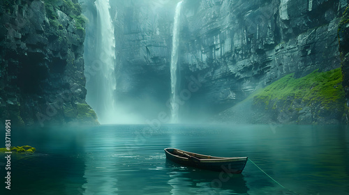 A serene nature fjord scene with a small boat gently floating on the water, the cliffs towering above