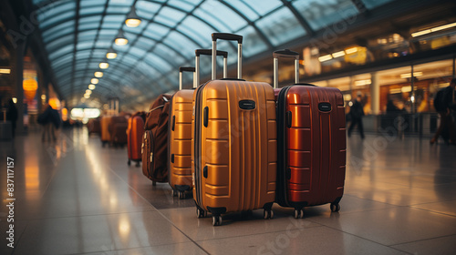 Bagages et valises dans un hall d'aéroport ou de gare. Sac, voyage, transport. Vacances, séjour, été. Fond pour conception et création graphique.  photo