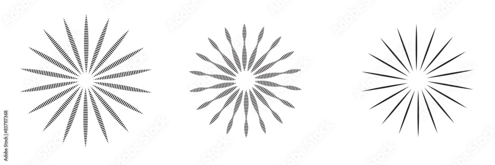Fototapeta premium Radial circle lines. Circular lines elements. Symbol of Sun star rays. Flat design elements. Spokes with radiating stripes. Abstract illusion geometric shapes.