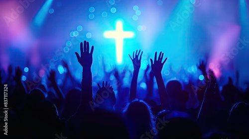 Wallpaper Mural people silhouette with raised hands at christian concert worship God and Jesus Christ, on blue background. Christian concept Torontodigital.ca