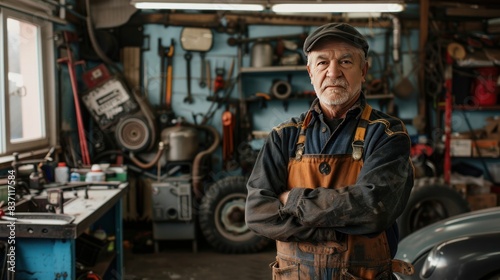Mechanic in Auto Repair Shop: Generate a full-body portrait of a mechanic in an auto repair shop with natural lighting and tools on a workbench in the background.