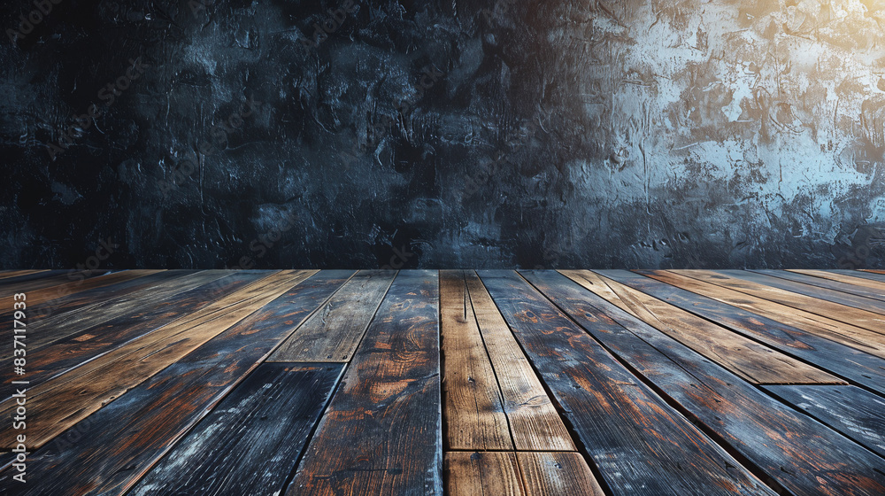 Selected focus empty brown wooden table and wall texture or old black brick wall blur background image. for your photomontage or product display