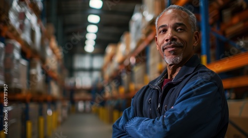 Operations Manager on Warehouse Floor: Capture a well-illuminated three-quarter portrait  photo