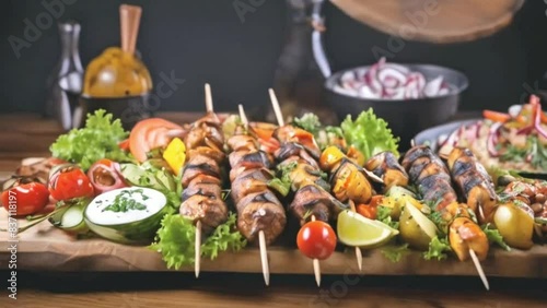 wooden table topped with plates of food, kebab, hd food photography, 4k food photography, 4 k food photography, afshar, hasanabi, professional food photography photo