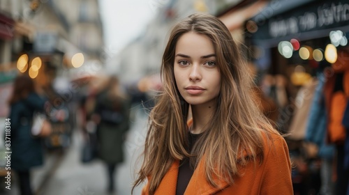 Photograph of a charismatic woman with long, straight brown hair, wearing a trendy orange coat, standing in a bustling Parisian street market.