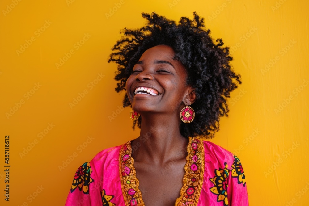 Black Young People. Smiling African American Woman in Pink Clothes Laughing Happily on Yellow Background Black Young People. Smiling African American Woman in Pink Clothes Laughing Happily on Yellow Background