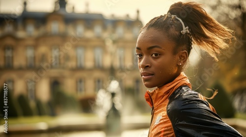 Photograph of a dynamic athlete with a high ponytail, dressed in a sporty outfit, jogging along the Jardin du Luxembourg. photo