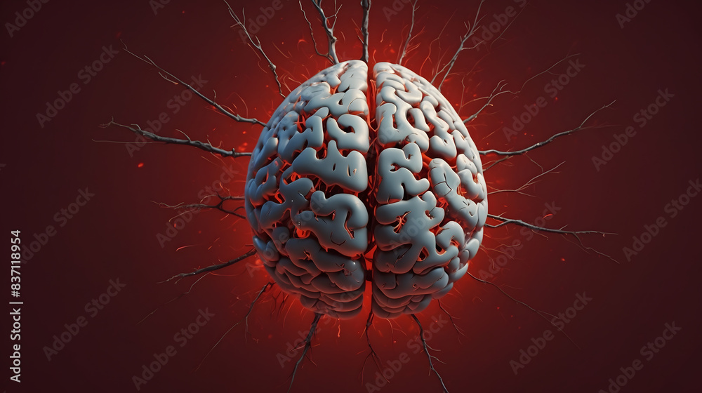 Usefto Futuristic brain and neurons top down POV on red background symbolizing ...