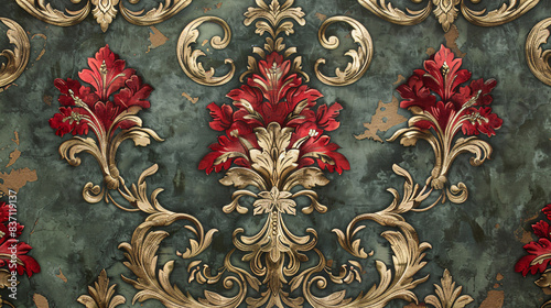 Elegant wallpaper with a baroque motif in red and green