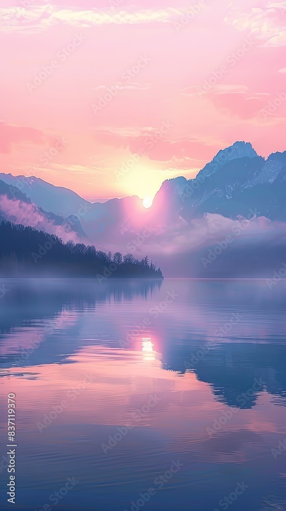 Mountain Sunrise Over Tranquil Lake with Reflections and Misty Haze, Beautiful Landscape Background Mountain Sunrise Over Tranquil Lake with Reflections and Misty Haze, Beautiful Landscape Background