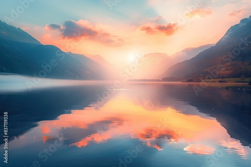 Mountain Sunrise Over Tranquil Lake with Reflections and Misty Haze, Beautiful Landscape Background