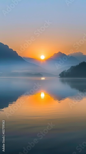 Mountain Sunrise Over Tranquil Lake with Reflections and Misty Haze, Beautiful Landscape Background