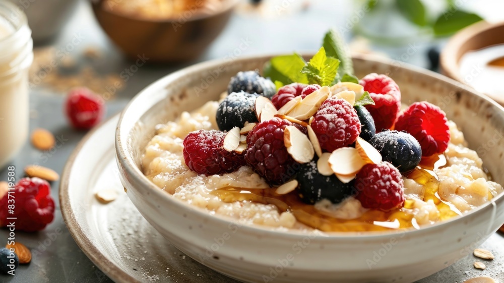 sunlit breakfast nook set with a bowl of steel-cut oatmeal topped with fresh berries, sliced almonds, and a drizzle of honey sunlit breakfast nook set with a bowl of steel-cut oatmeal topped with fresh berries, sliced almonds, and a drizzle of honey
