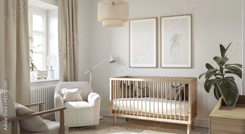 Baby's room  with Wooden Furniture in Pastel Color Palette, Scandinavian Style, Neutral Decor, Wall Art, Soft Lighting, Baby Crib and Chair, Featuring Two White Posters on Walls above Bed with Differe