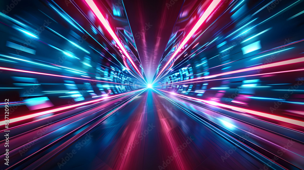 hyperspace warp speed with neon lights and motion, futuristic technology concept