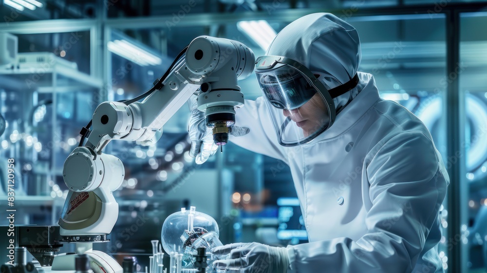 Scientist Testing Advanced Robot - A cyberpunk scientist performs tests on a high-tech robot in a futuristic lab, showcasing the synergy of technology and innovation. Scientist Testing Advanced Robot - A cyberpunk scientist performs tests on a high-tech robot in a futuristic lab, showcasing the synergy of technology and innovation.