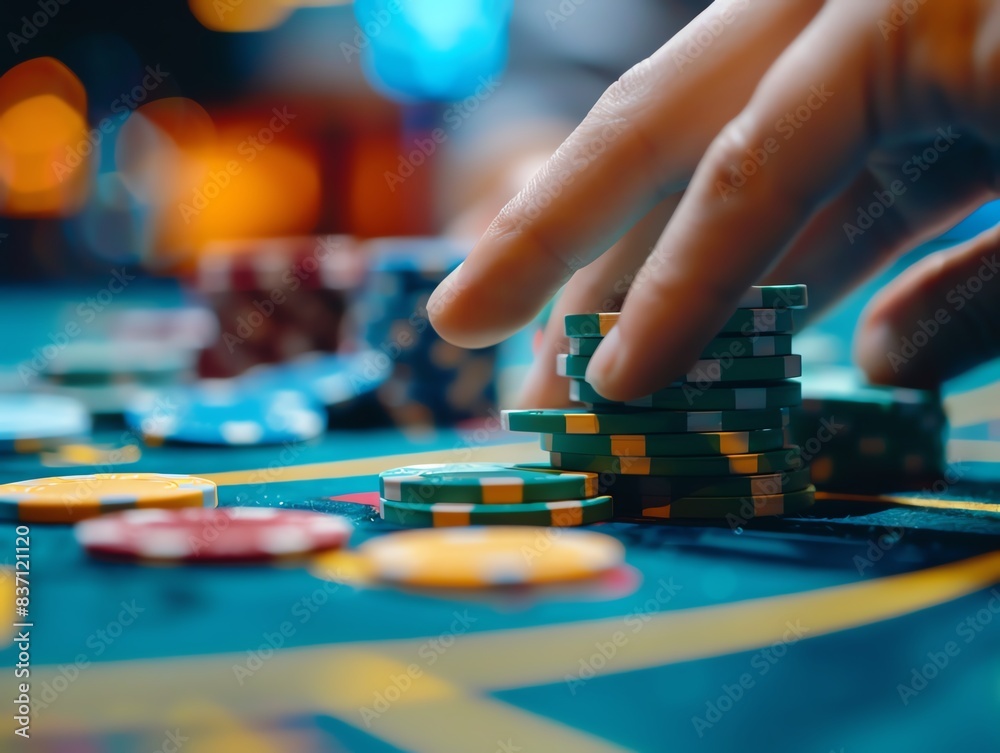 A closeup of a player s hand placing chips on a baccarat bet A closeup of a player s hand placing chips on a baccarat bet