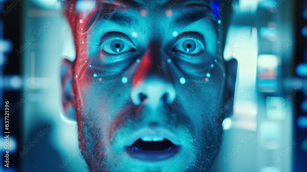Close-up of a man's face with digital data and glowing dots projected on it. Futuristic and technology concept. Close-up of a man's face with digital data and glowing dots projected on it. Futuristic and technology concept.