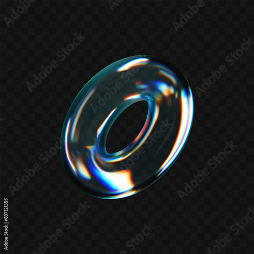 3d crystal glass torus with refraction and holographic effect isolated on dark background. Render transparent glass rotate figure with overlay dispersion light, rainbow gradient. 3d vector morphism