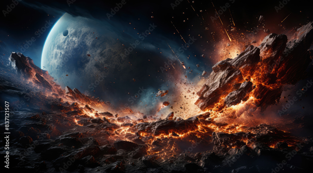 Fototapeta premium Catastrophic Asteroid Collision with Fiery Debris and Planets in Outer Space