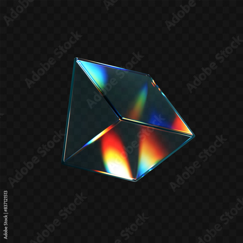 3d crystal glass prism with refraction and holographic effect isolated on dark background. Render transparent glass rotate figure with overlay dispersion light, rainbow gradient. 3d vector morphism