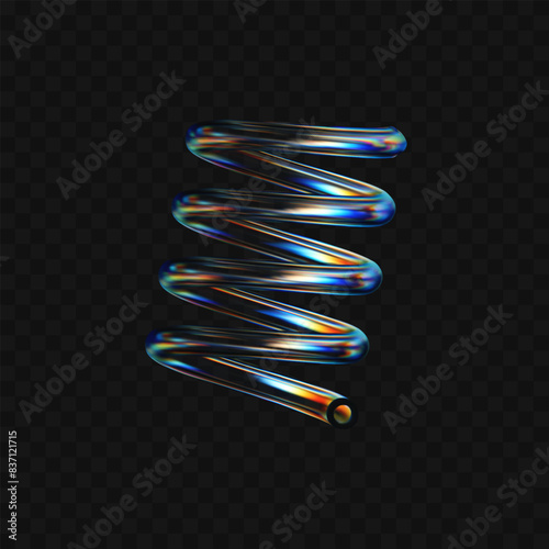 3d crystal glass spiral with refraction and holographic effect isolated on dark background. Render transparent glass rotate figure with overlay dispersion light, rainbow gradient. 3d vector morphism