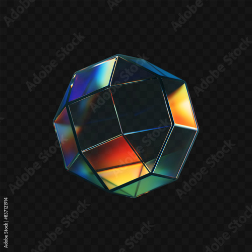 3d crystal glass low poly sphere with refraction and holographic effect isolated on dark. Render transparent glass rotate figure with overlay dispersion light, rainbow gradient. 3d vector morphism