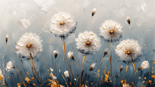 The oil painting depicts a serene scene of white and gold dandelions swaying in the wind for wall art.