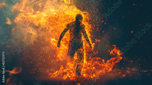 A silhouette of a man is standing in a large fire with sparks flying. The man appears to be walking through the flames © sommersby