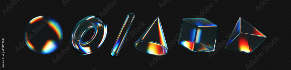 3d crystal glass shapes with refraction and holographic effect isolated on dark background. Render transparent glass rotate figure with overlay dispersion light, rainbow gradient. 3d vector morphism