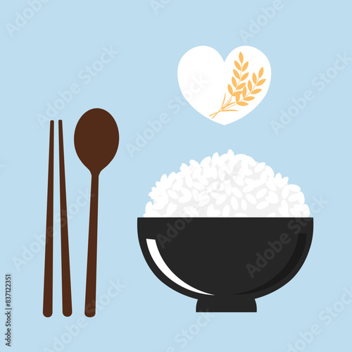 Rice bowl, spoon, chopsticks and rice plant signs on blue background vector.
