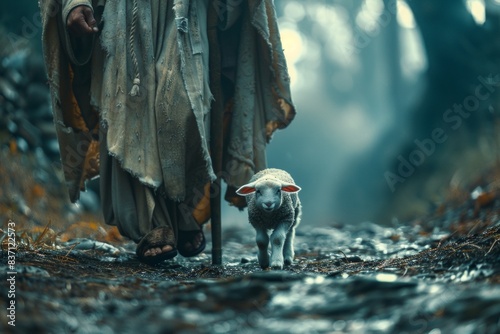 Shepherd Jesus concept, man guarding his sheep