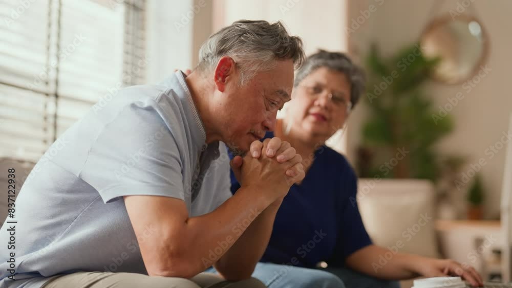 old retired asian senior couple checking and calculate financial billing together on sofa involved in financial paperwork, paying taxes online using e-banking laptop at living room home background old retired asian senior couple checking and calculate financial billing together on sofa involved in financial paperwork, paying taxes online using e-banking laptop at living room home background